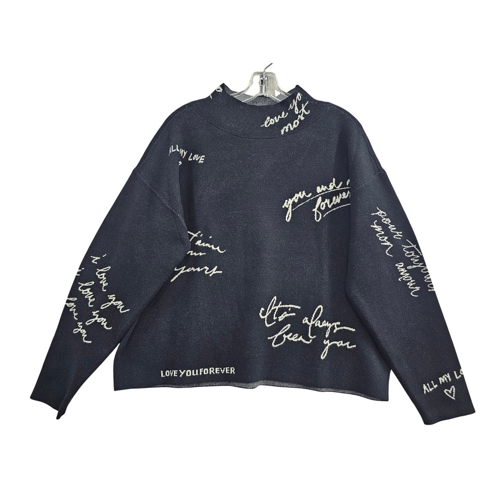 Maeve Anthropologie Script Sweater Womens Medium Black White Love Quotes Knit